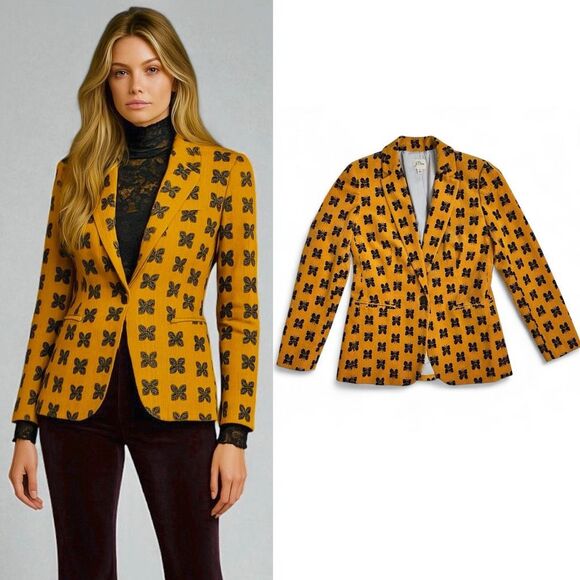 J.Crew Parke Blazer Butterfly Corduroy Sz 2 Mustard Yellow Navy Preppy Academia - Picture 1 of 14